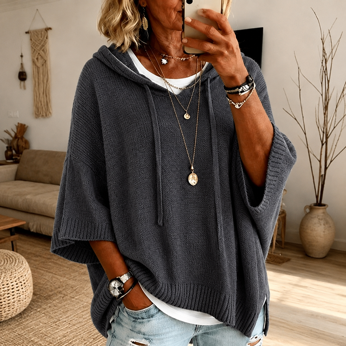 Camille | Maglione Poncho Antracite con Cappuccio