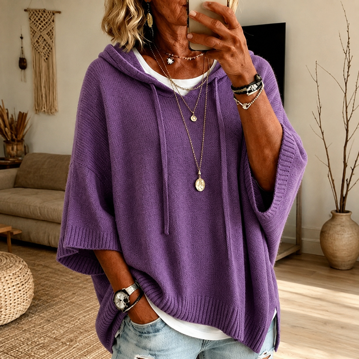 Elodie | Maglione Poncho Viola con Cappuccio