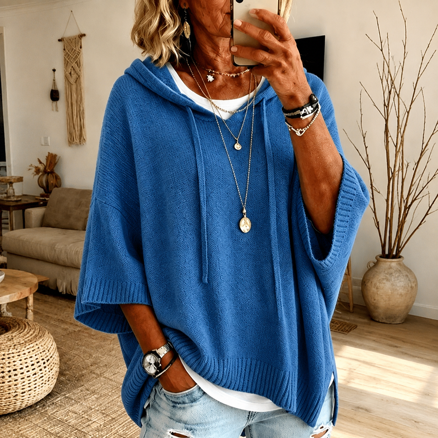 Amelie | Maglione Poncho Blu con Cappuccio