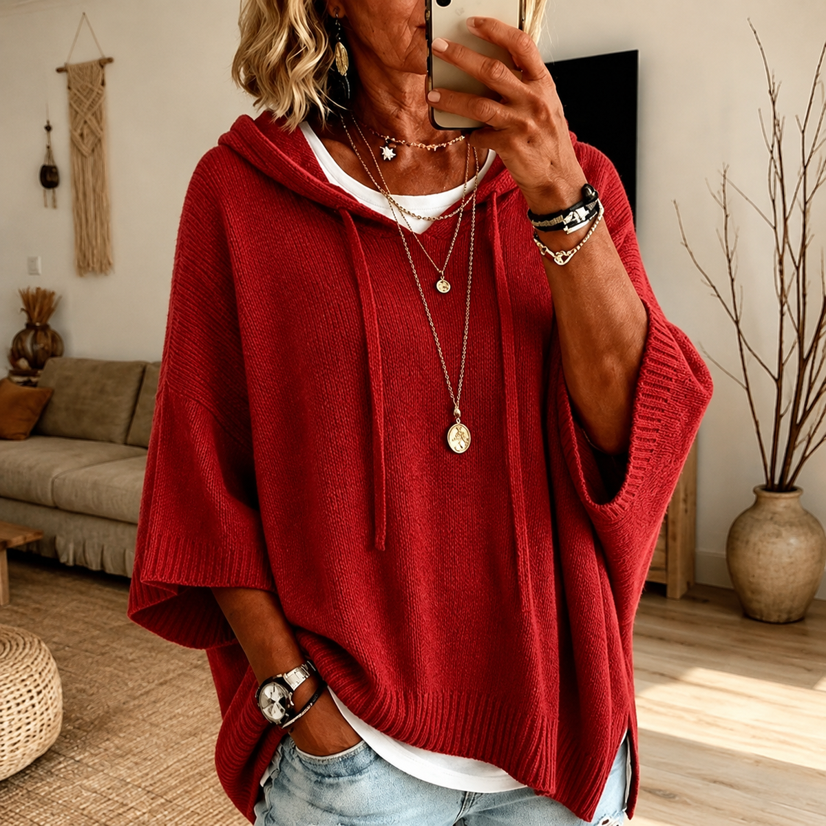Claire | Maglione Poncho Rosso con Cappuccio