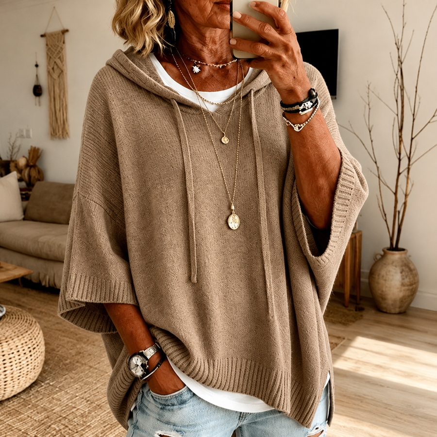 Manon | Maglione Poncho Tortora con Cappuccio
