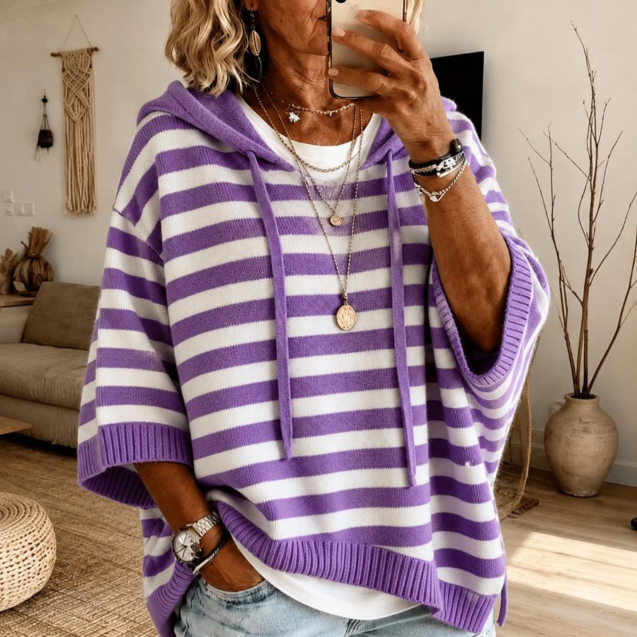 Anais | Maglione Poncho a Righe Viola con Cappuccio
