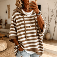 Mathilde | Maglione Poncho a Righe Tortora con Cappuccio