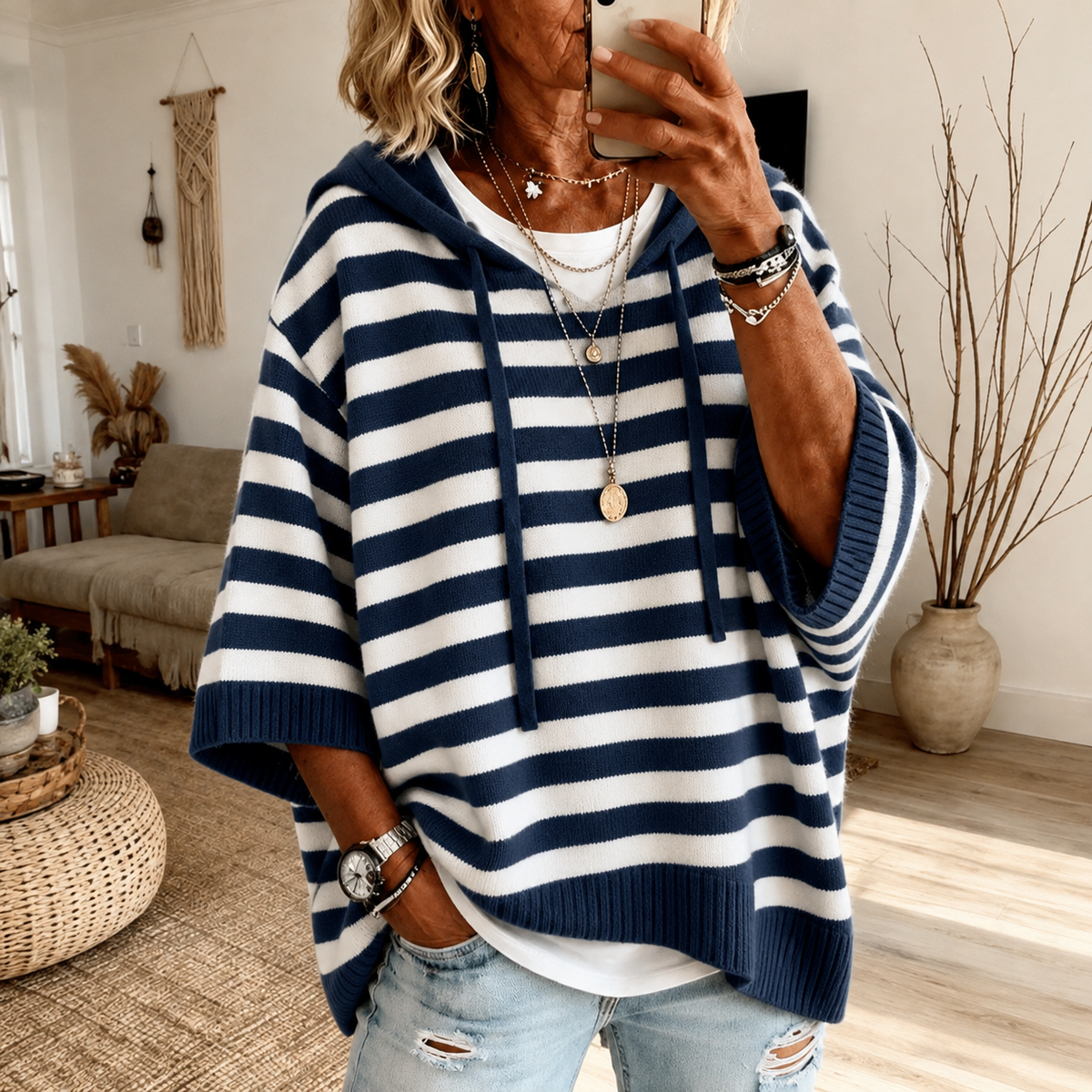Marine | Maglione Poncho a Righe Blu Navy con Cappuccio