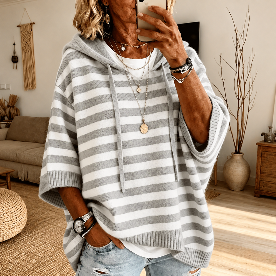 Celine | Maglione Poncho a Righe Grigie con Cappuccio