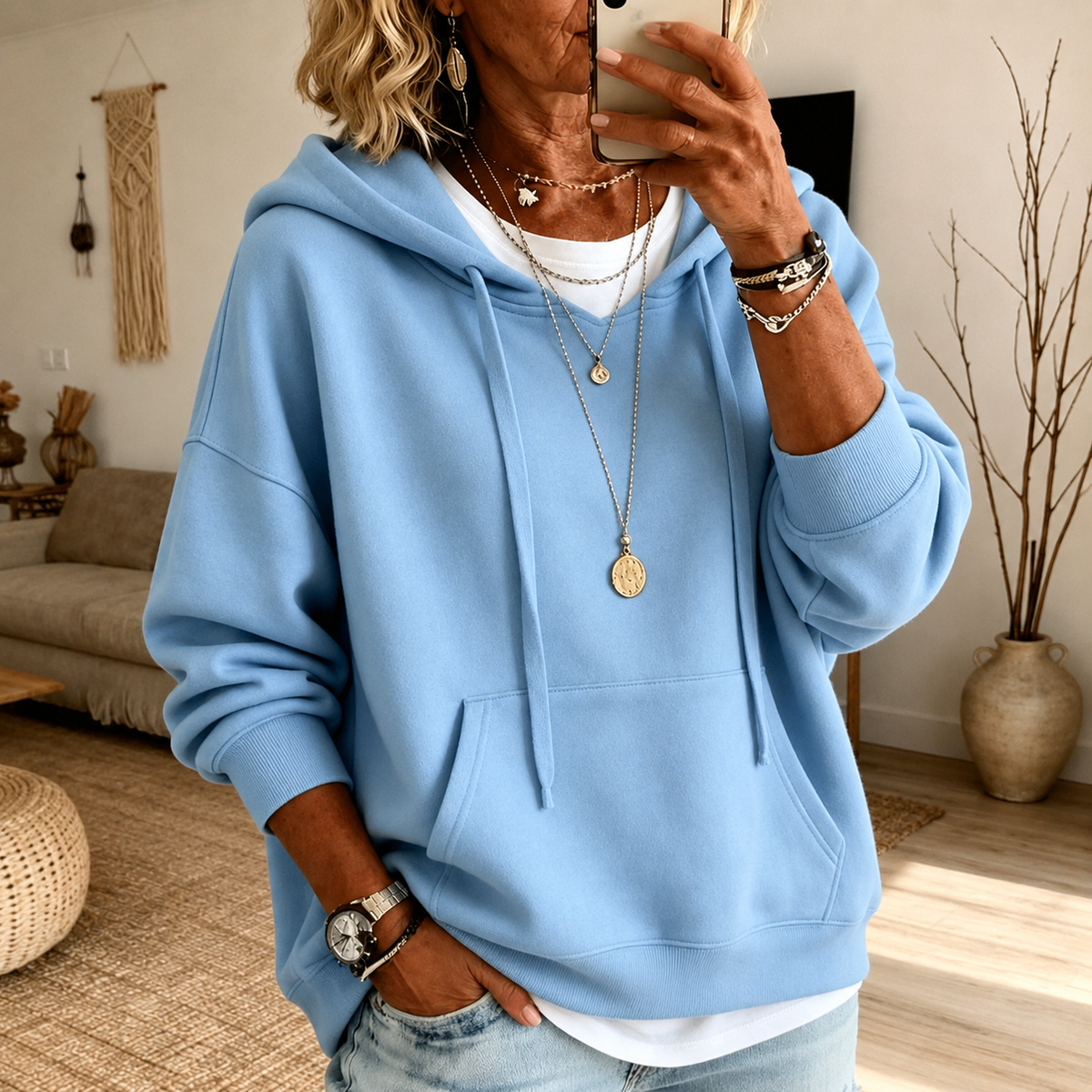 Ines | Felpa Oversize Azzurra con Cappuccio