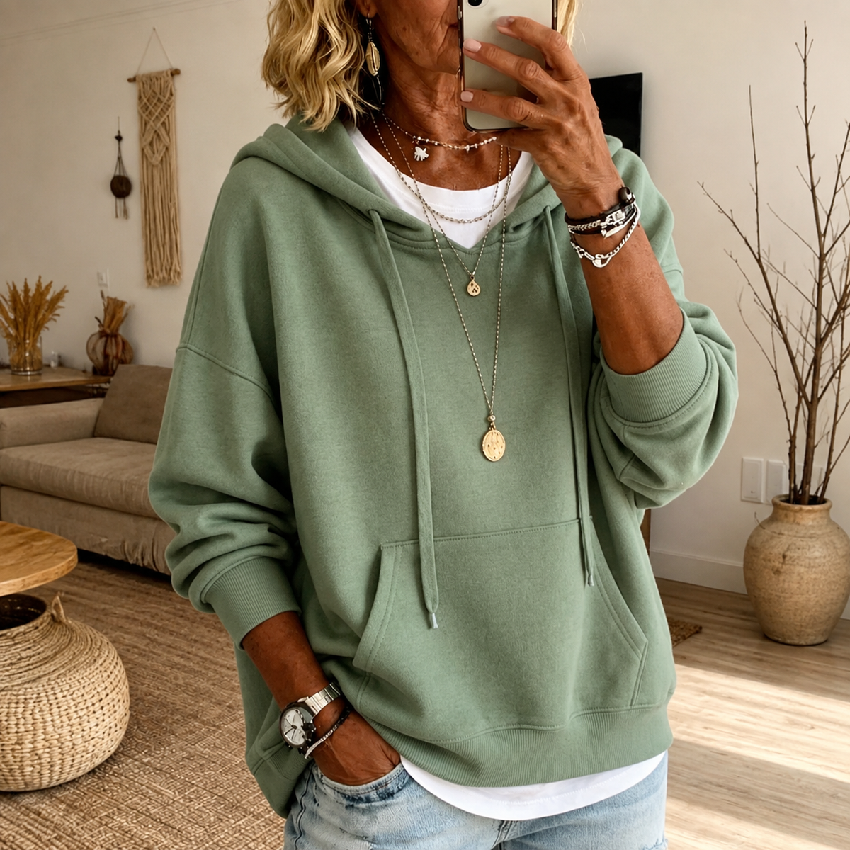 Amandine | Felpa Oversize Verde Salvia con Cappuccio