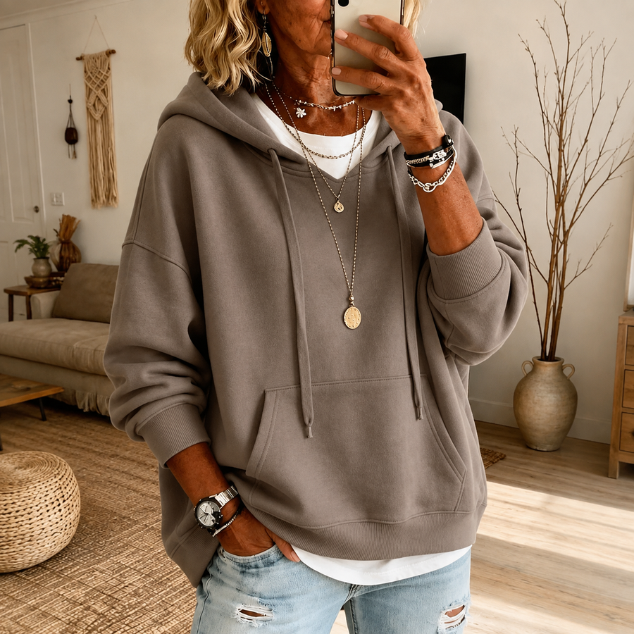 Ella | Felpa Oversize Tortora con Cappuccio