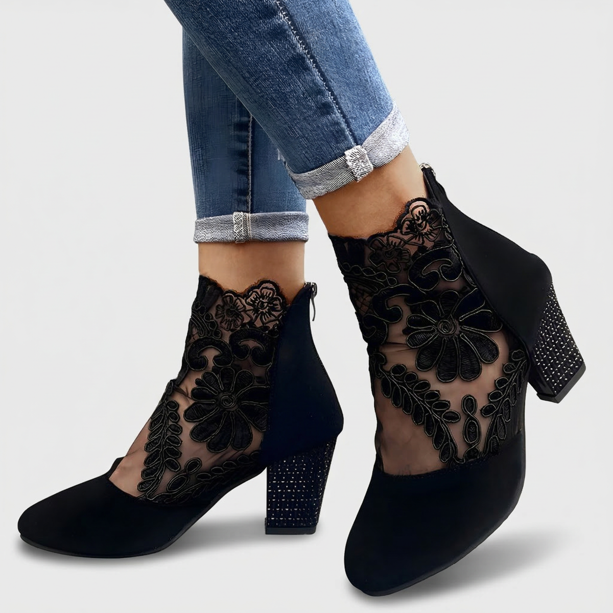 Hazel | Bootie con Tacco e Pizzo Ricamato